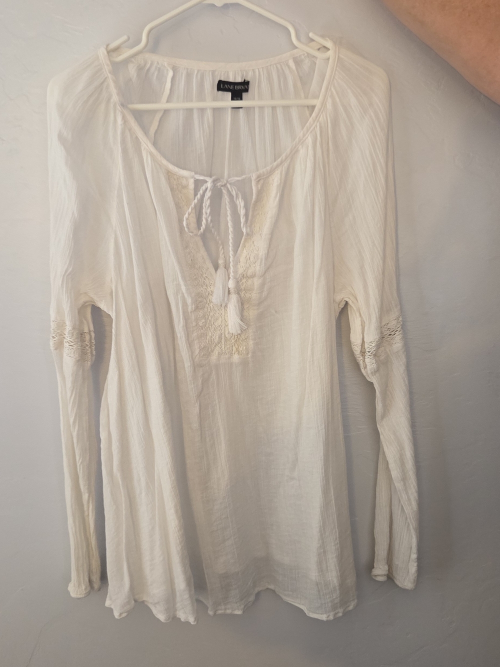 Lane Bryant Cream Tie-Front Peasant Top with Tassels